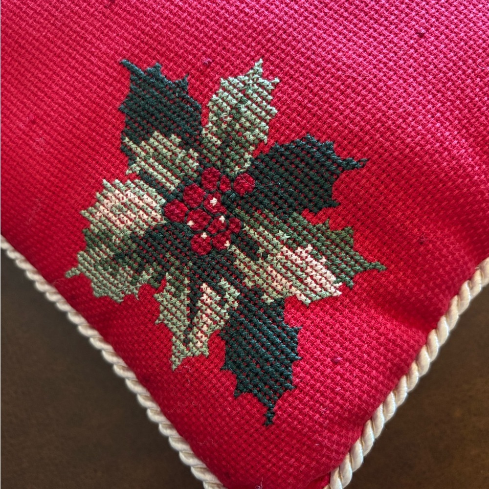 Vintage Poinsettia Cross Stitch Christmas Pillow